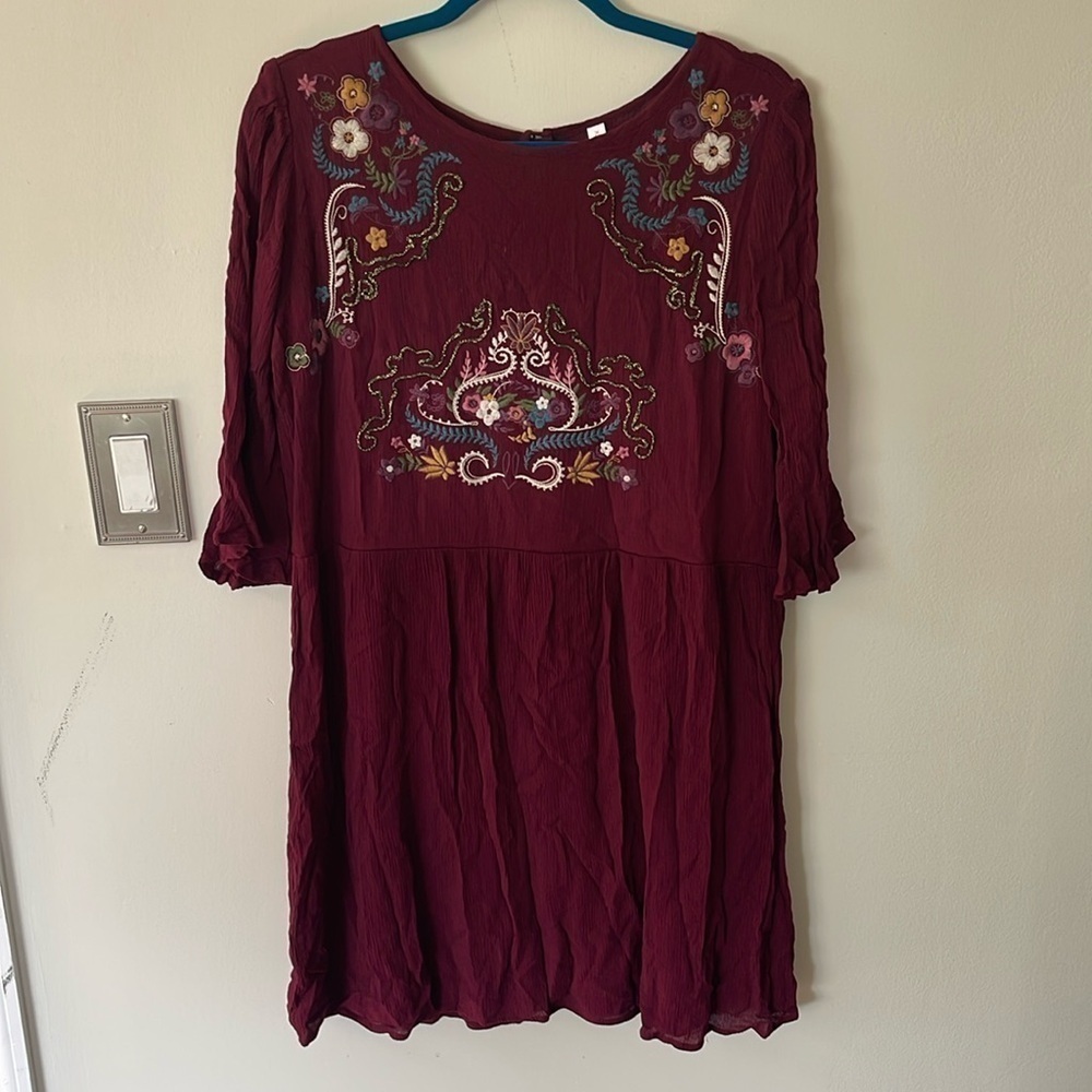 Xhilaration Maroon Embroidered Knee-Length Dress